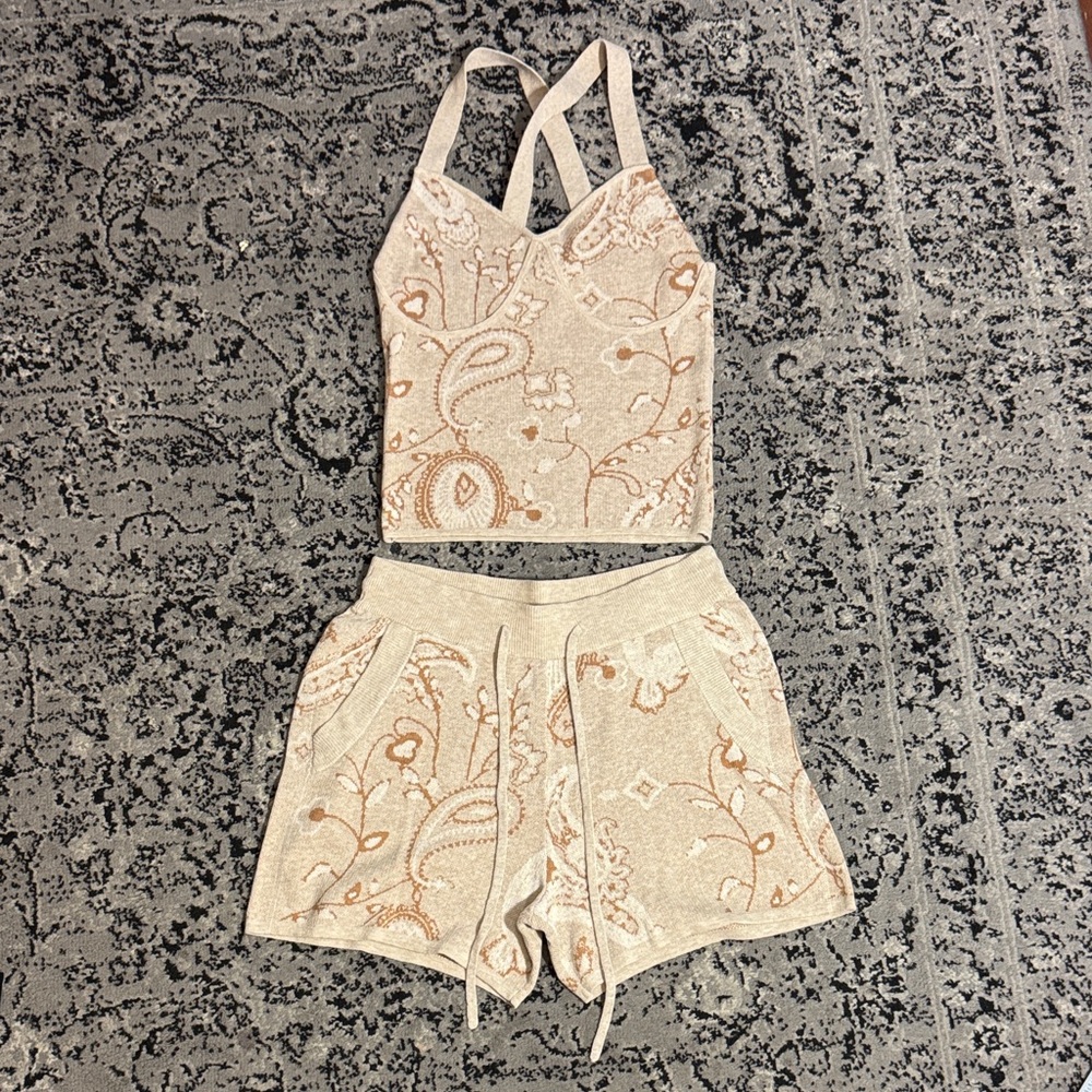 Cream and Tan Paisley Knit Lounge Set